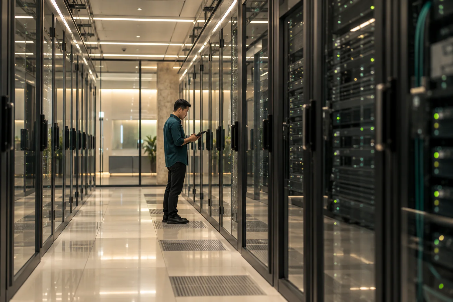 An engineer checks a tablet beside equipment racks in a modern data centre.
