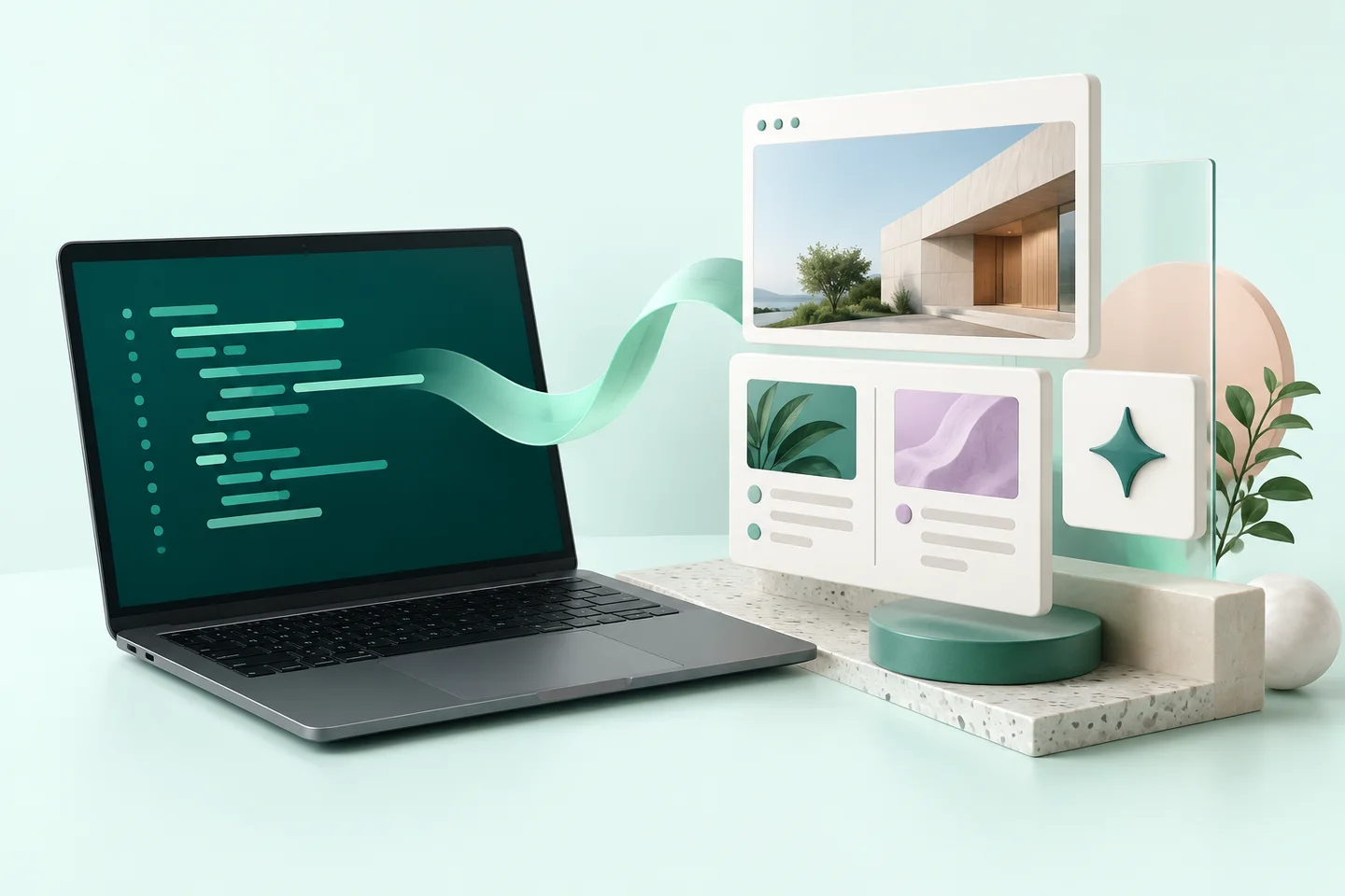 Concept illustration of code on a laptop becoming reusable website components.