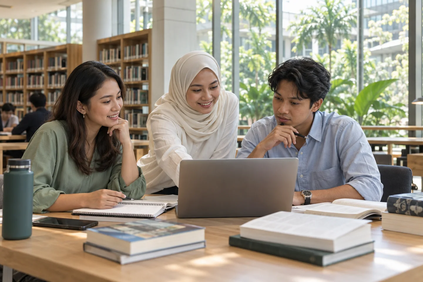 Illustrative campus scene: three university students work together in a bright library.