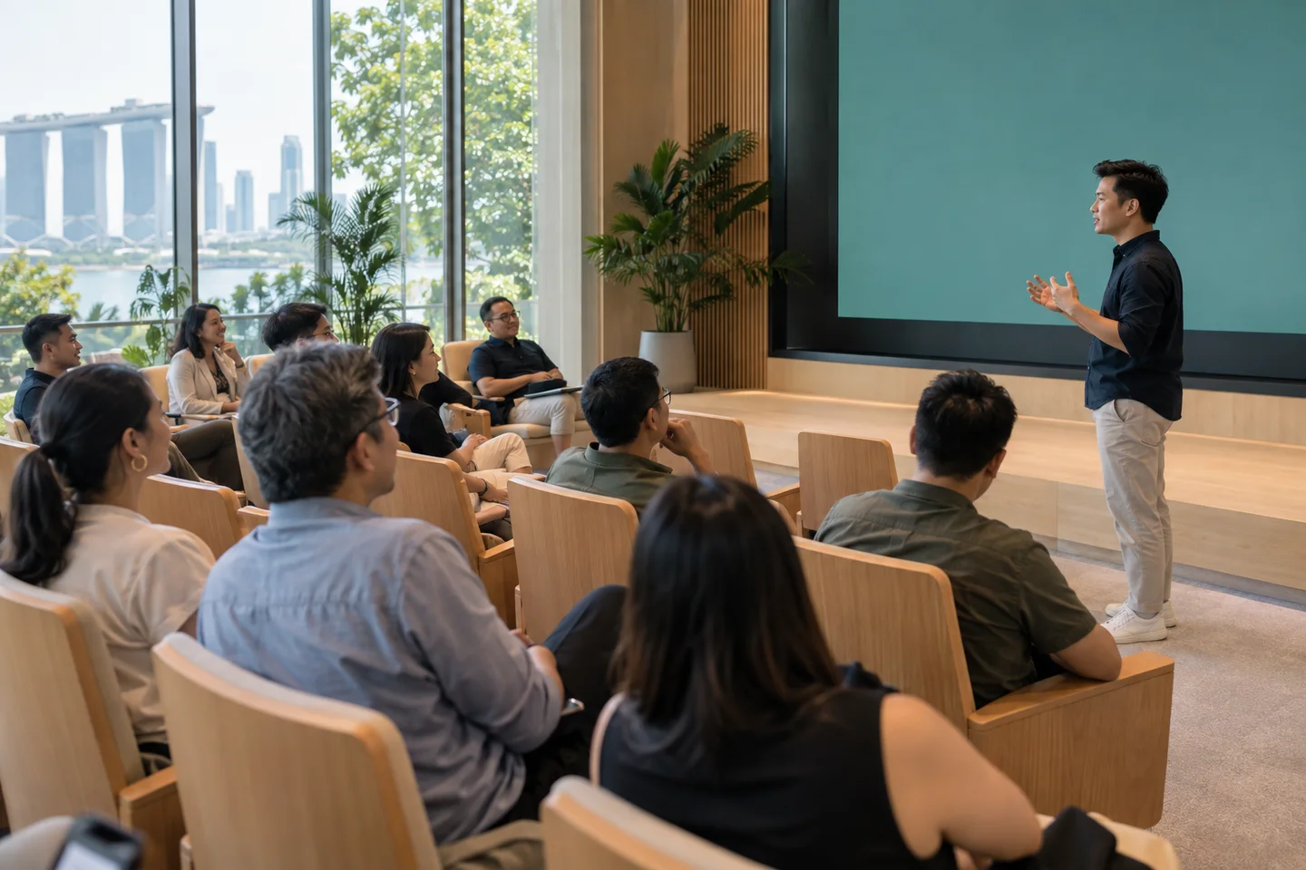 Illustrative editorial scene of a technology workshop in Singapore.
