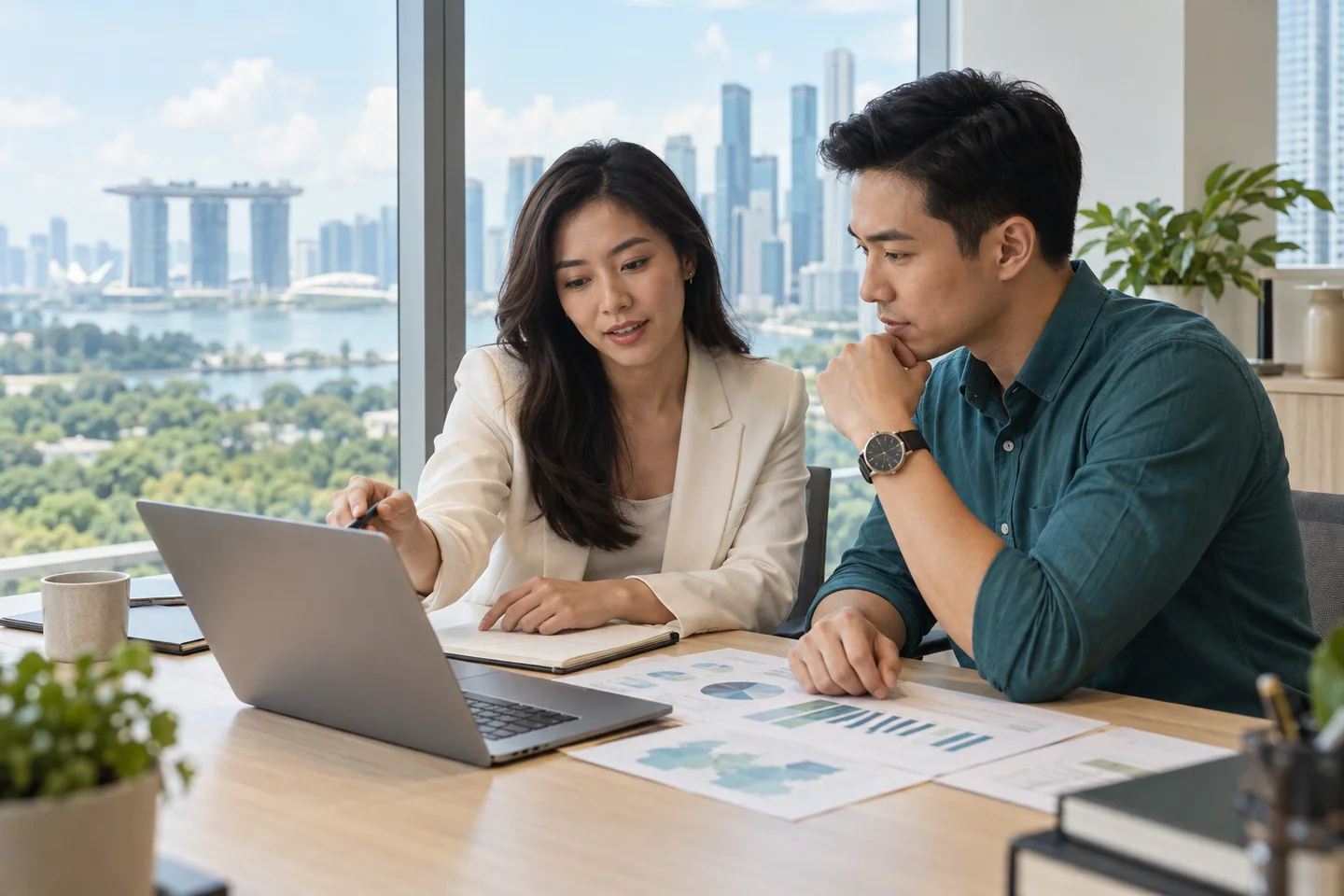 Illustrative finance scene: two analysts collaborate in a sunlit Singapore office.