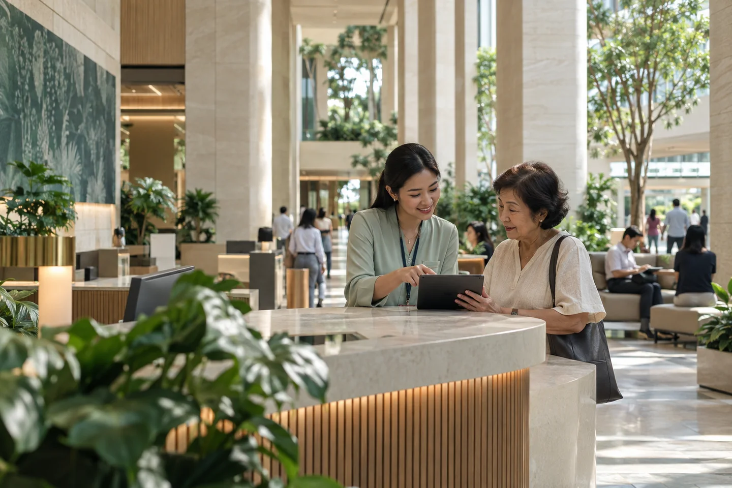 Illustrative civic services scene: a staff member helps a visitor in a bright tropical atrium.