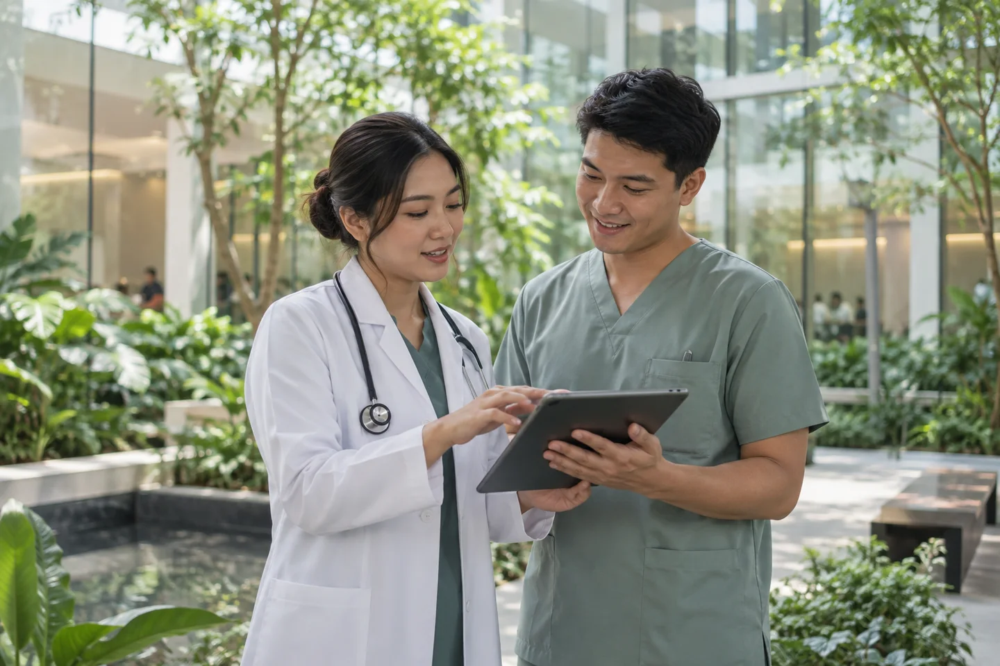Illustrative healthcare scene: two clinicians discuss a tablet beside a hospital garden.