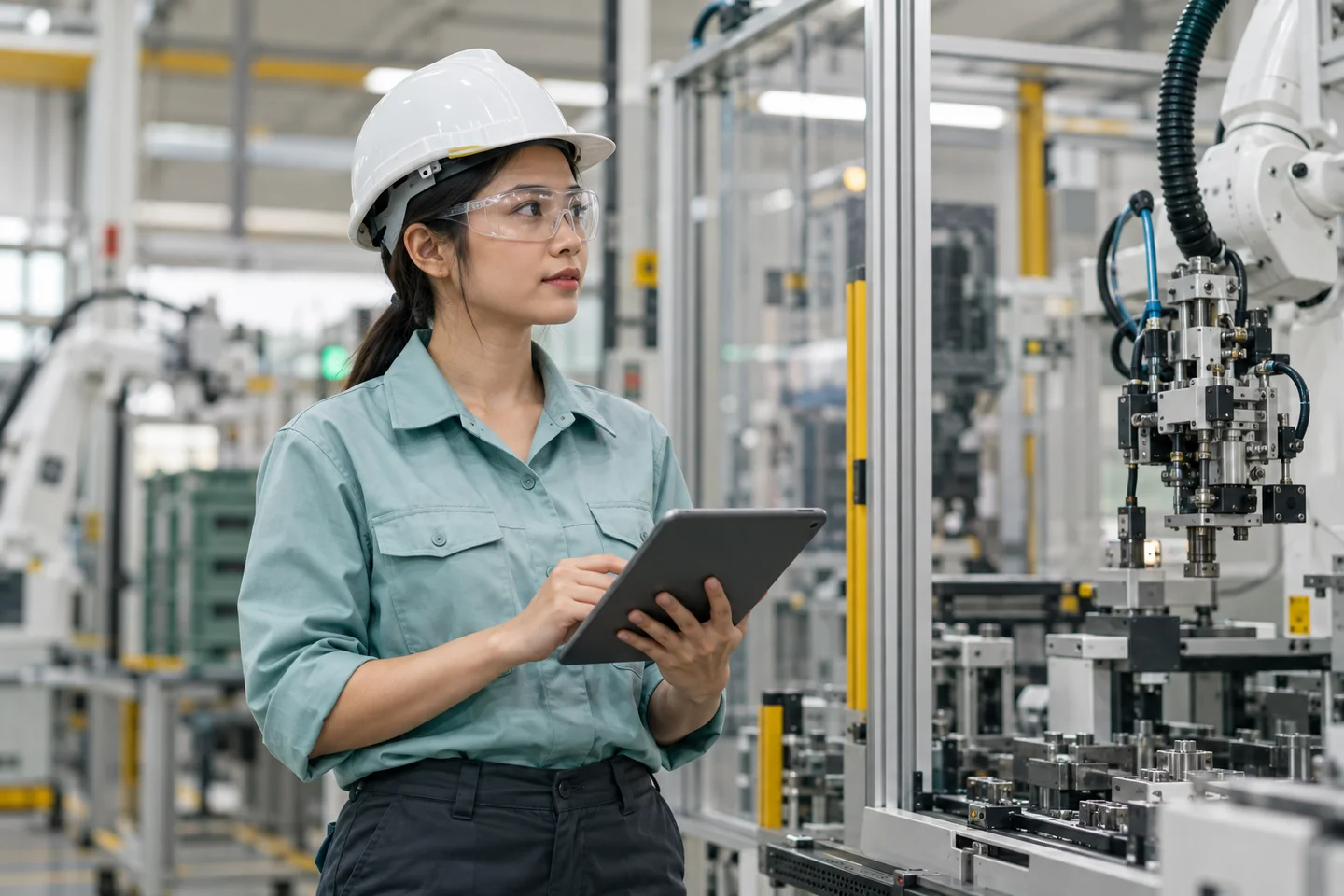 Illustrative manufacturing scene: an engineer inspects a robotic production cell with a tablet.