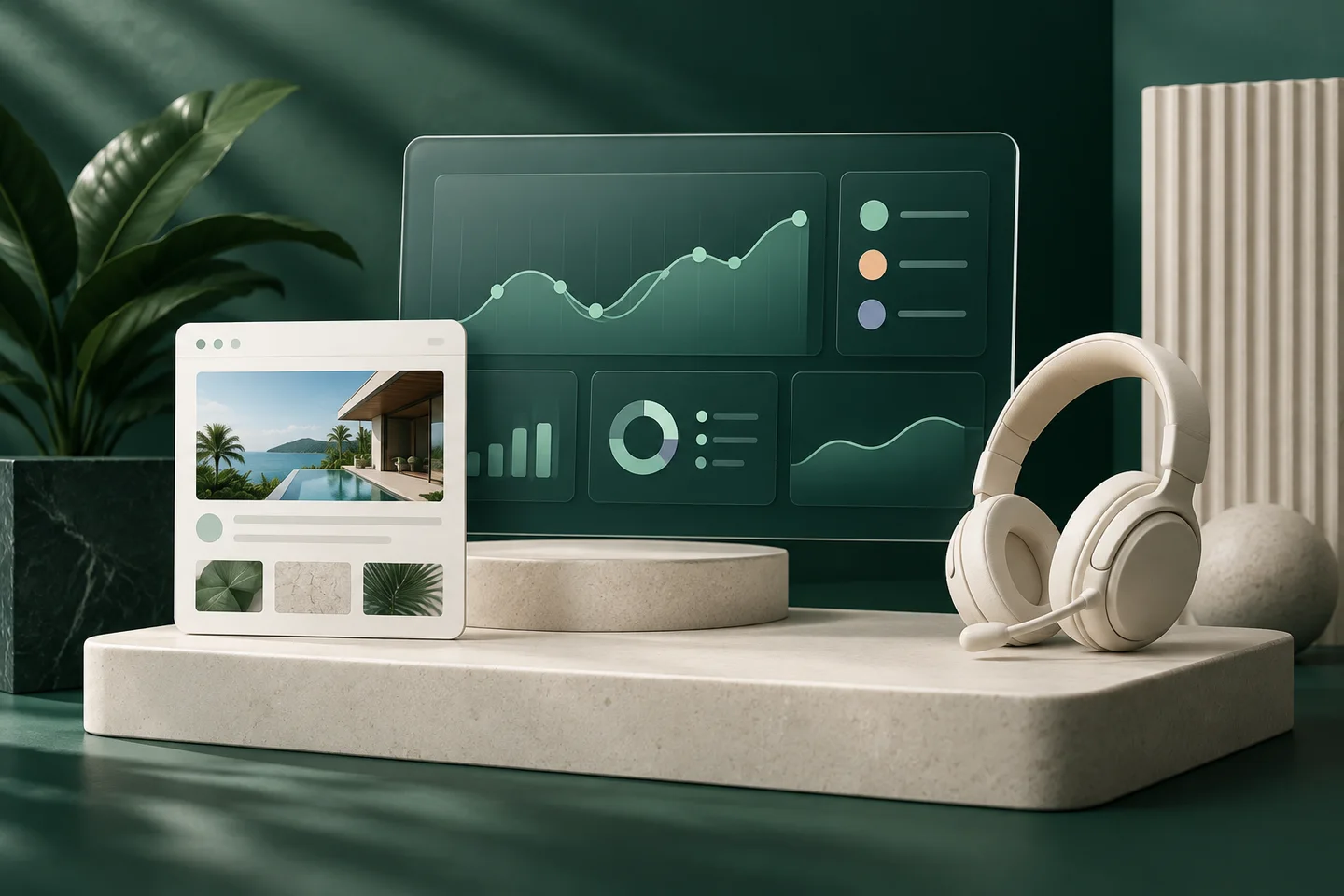 Concept illustration of website monitoring alongside a human support headset.