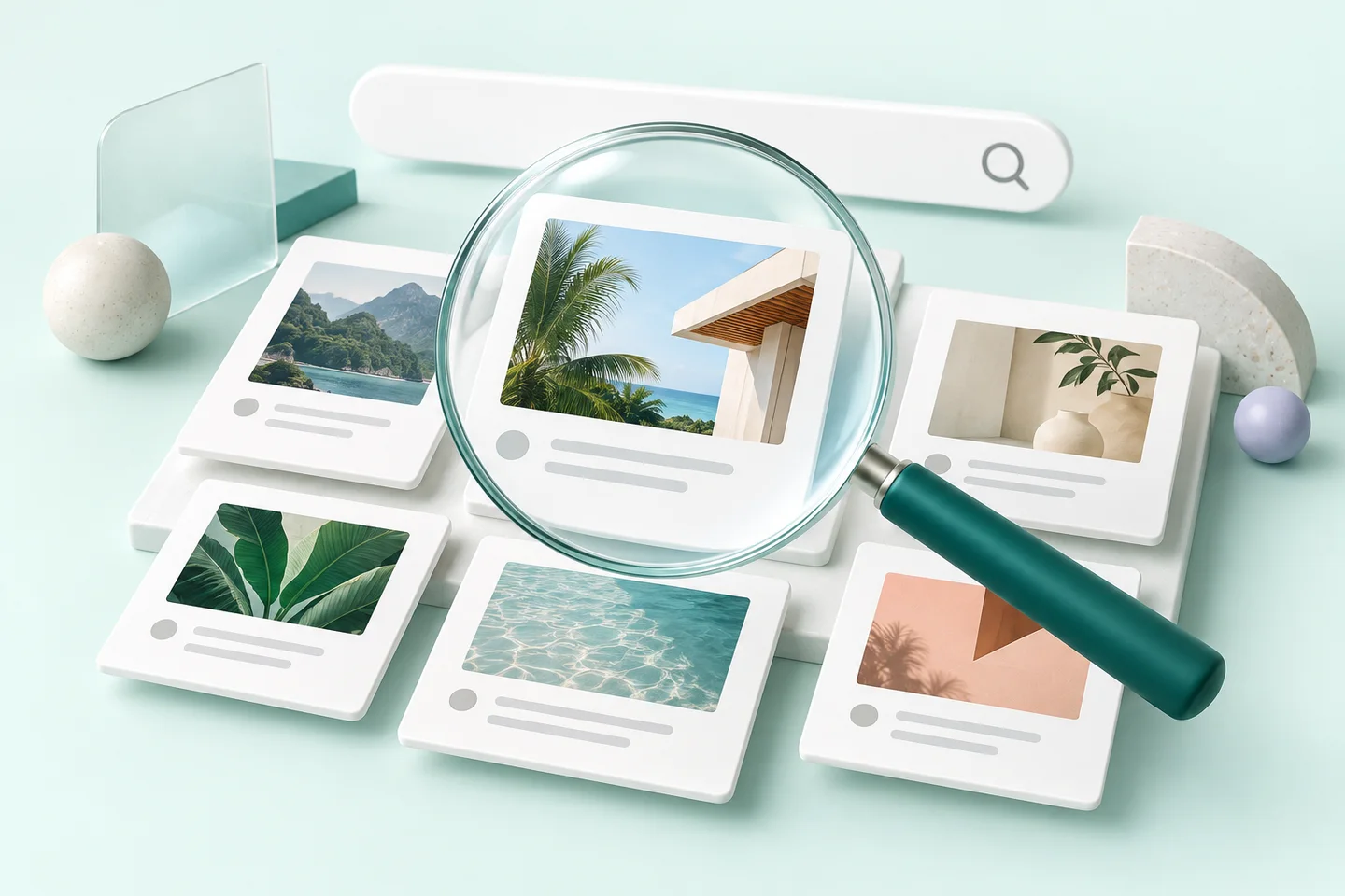 Concept illustration of a magnifying glass finding a relevant content card.