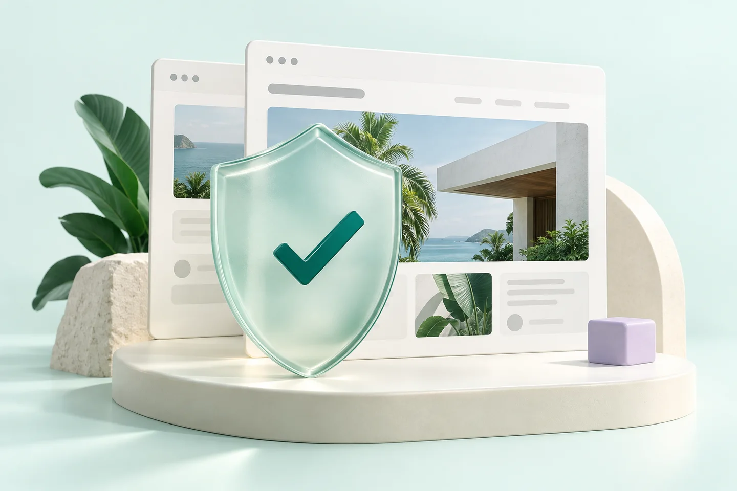 Concept illustration of a translucent shield protecting website content.