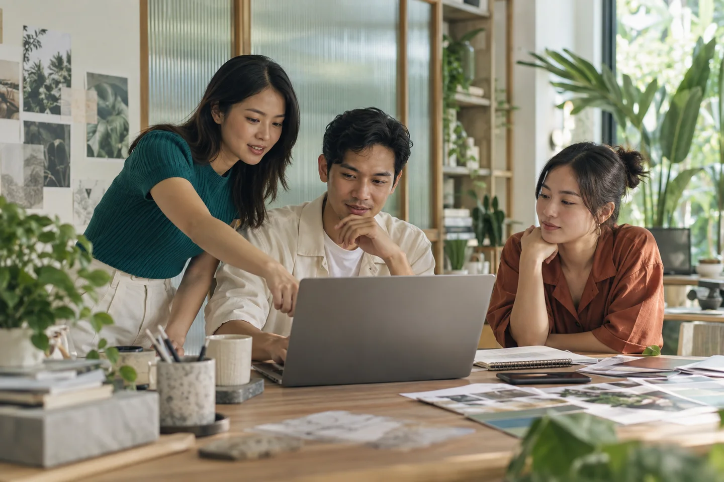 A digital team reviews content together in a sunlit studio.