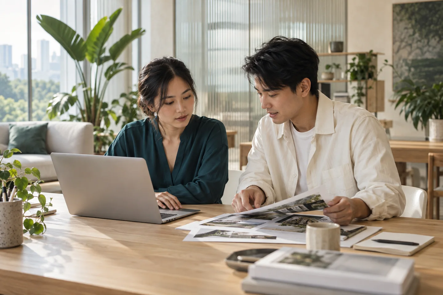Two content editors review a website and printed layouts together.