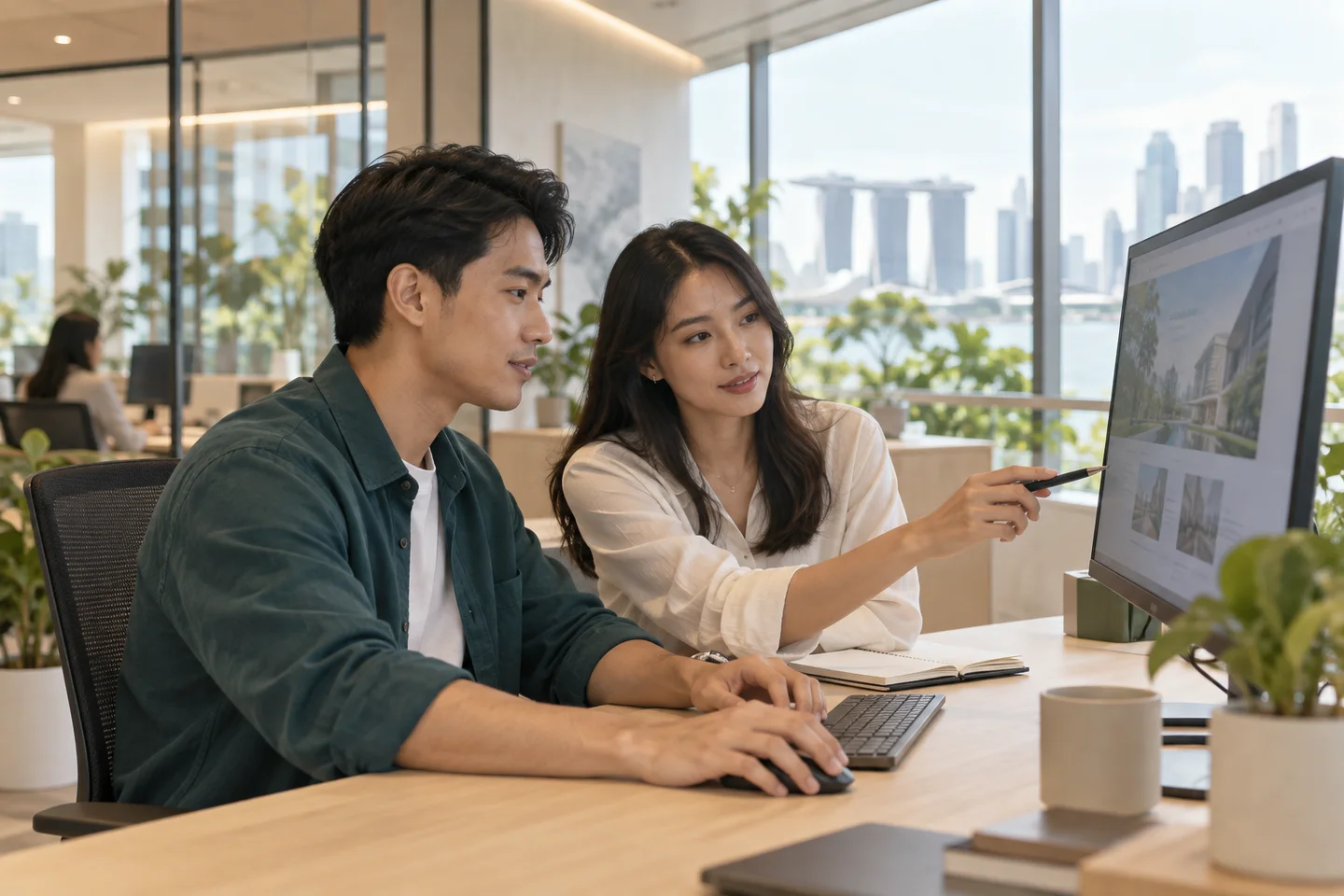 Two website engineers work together at a desktop monitor.